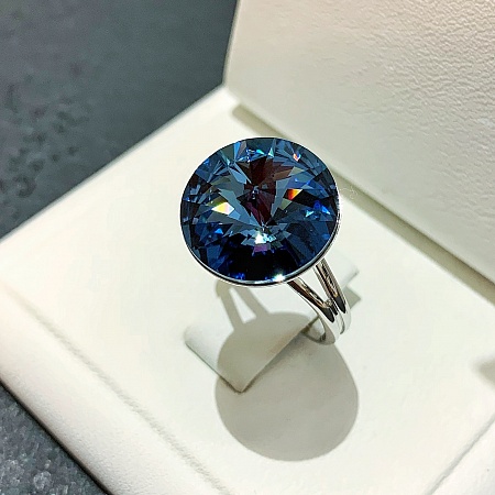 Кольцо с кристаллом 14 мм Denim Blue покрытие родий