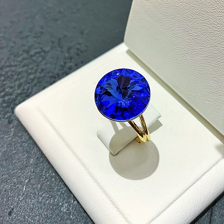 Кольцо с кристаллом 14 мм Sapphire покрытие золото
